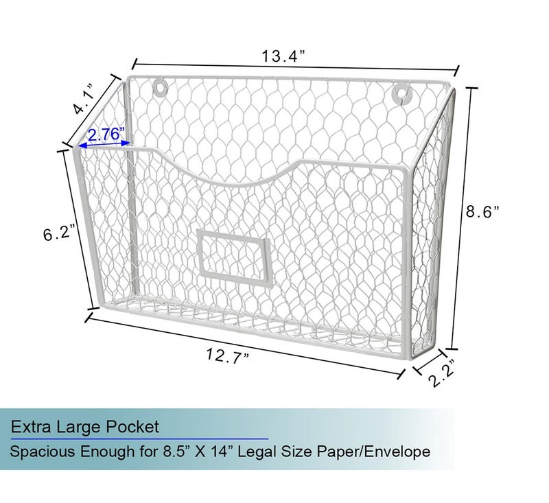 PAG 3 Pockets Hanging File Holder Wall Mount Mail Organizer Metal Chicken Wire Magazine Rack with Tag Slot, White - Image 4
